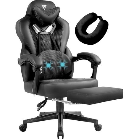 Gaming Stuhl Mesh Drehstuhl Fußstütze Massagesessel Schwarz (1/5)