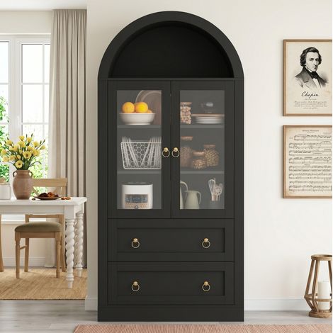 Buffet haut cintré avec portes en verre, 80 x 36 x 170 cm, noir, avec tiroirs, OKWISH (1/5)