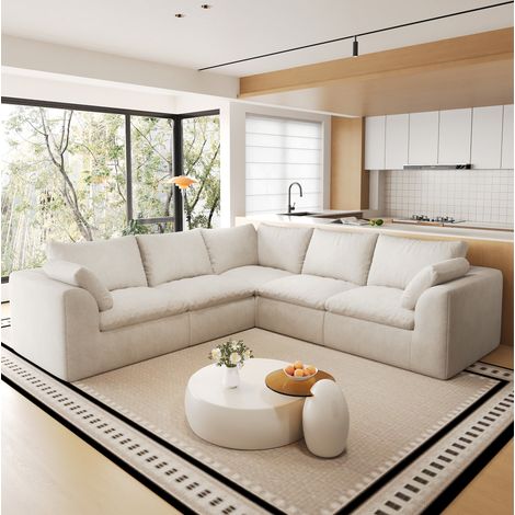Divano angolare a V 245x245x83 cm in tessuto lino beige bianco, 5 posti - MEUBLIV (1/5)