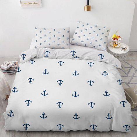 Bettwäsche-Set 3-teilig 155x220cm mit 2 Kissenbezügen 80x80cm Mikrofaser Anker Motiv Wendebettwäsche mit Reißverschluss maritim Ozean