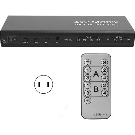 Distributeur matrice HDMI 4x2 avec sortie audio optique, commutateur ARC, télécommande, prise américaine 110-240V, noir. (1/5)