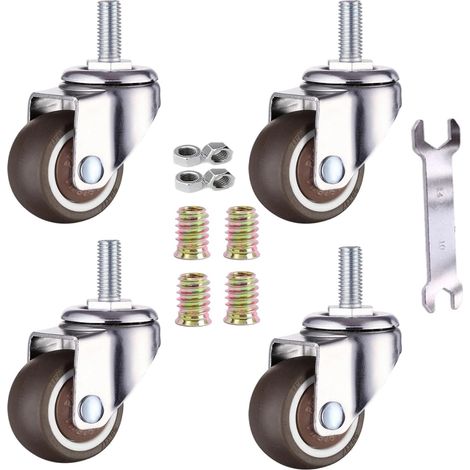 4 pièces 25mm M6 x 15 mm fileté caoutchouc souple TPE Mini roulettes mobiles Convient pour les meubles, les stands de fleurs(4 Sans freins) (1/5)