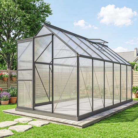 Serre de jardin en aluminium polycarbonate avec fondation, serre avec fenêtre réglable porte coulissante 190x375x199cm (1/5)