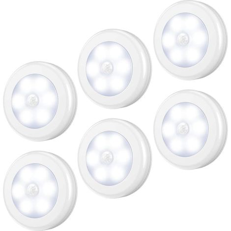 Veilleuse LED avec Détecteur de Mouvement, Lot de 6, Auto ON/OFF Magnétique avec Tampons Adhésifs 3M, pour Chambres, Cuisines, Placards, Escaliers, chambre de bébé