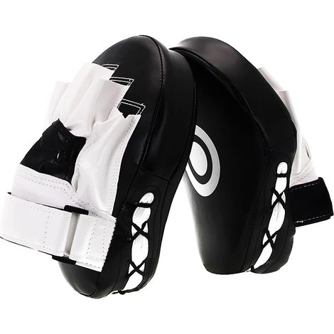 Gants de frappe incurvés Focus - Protections de mains d'entraînement en cuir synthétique pour la boxe, le karaté et le muay-thaï - Sangle ajustable - Blanc et noir (1/5)