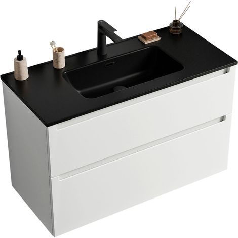 Waschtischunterschrank Bernstein VIREO 80 cm mit Waschbecken Schwarz - Badmöbelfarbe Weiß matt