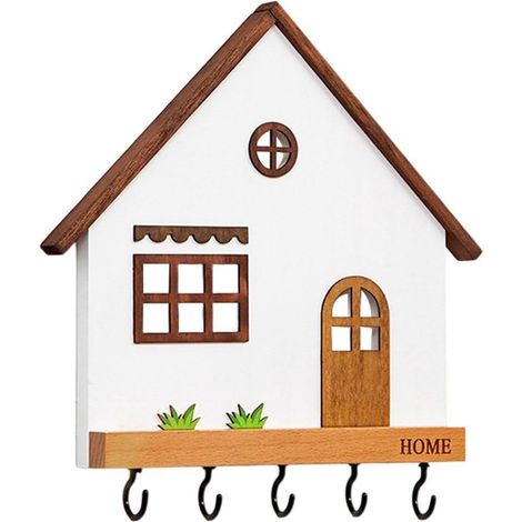 Schlüsselbrett aus Holz in Hausform zur Wandmontage, 5 Schlüsselhaken, Wandaufbewahrung für Eingangsbereich, Flur, Schlafzimmer