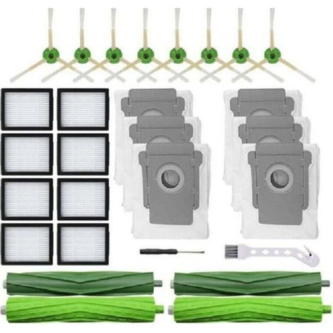 26 pièces de rechange et accessoires pour aspirateurs robots iRobot Roomba i7+, E5 et E6 : 2 rouleaux en caoutchouc, 8 filtres, 8 brosses latérales et 8 sacs d’aspiration