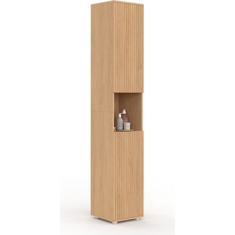 Idmarket – Meuble colonne salle de bain 2 portes 1 niche effet lattes – Dimensions 30x30x170 cm – Panneaux de particules – Style moderne et naturel