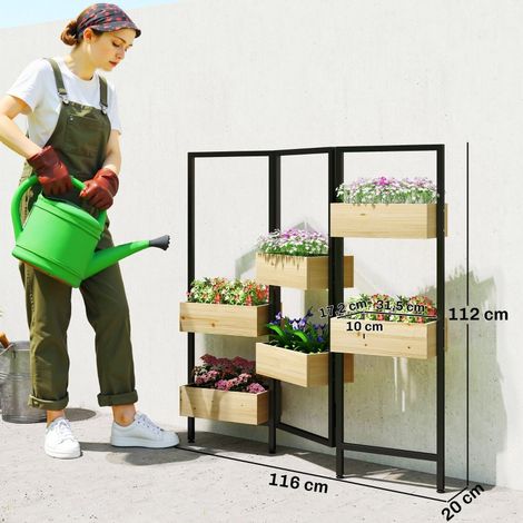 Jardinière avec brise-vue, potager surélevé avec treillis pliable, 6 bacs à fleurs avec trous de drainage, acier
