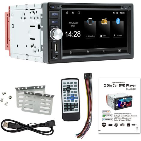 Doppel-DIN-Autoradio, 6,2-Zoll-Touchscreen-Auto-DVD-Player, mit Carplay, Auto, 12 LED-Rückfahrkameras, unterstützt Mirror Link, BT, DVD, AUX