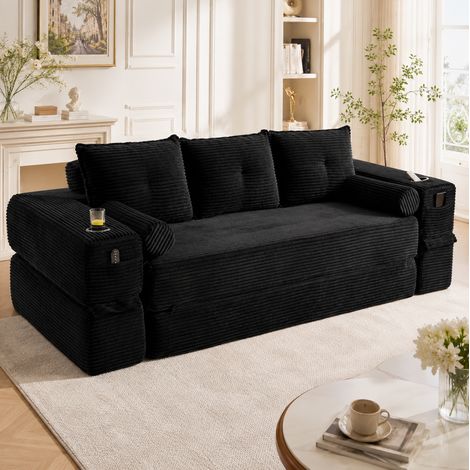 Sofá cama (232x98x80 cm), convertible, con cojines viscoelásticos, bolsillo lateral, portavasos, tejido de pana negro (1/5)