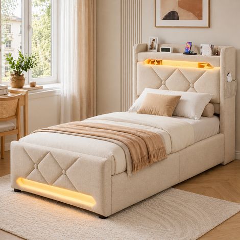 Lit coffre 90x200 - lit simple avec rangement 3 niveaux, LED 360°, 3 USB + USB-C, tissu lin - beige (1/5)