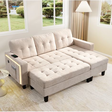 Canapé con chaise longue de chenilla beige convertible con puff móvil, cama 156x115 cm, LED y USB (1/5)