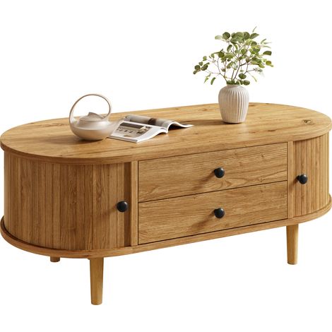 Table basse ovale à lattes verticales, portes coulissantes, 2 tiroirs, MDF (1/5)
