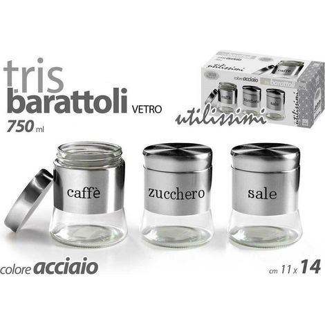 Kaela - Tris Barattoli Barattolino 750ml 11x14cm Vetro Sale Zucchero Caffe 772016 Acciaio - (1/2)