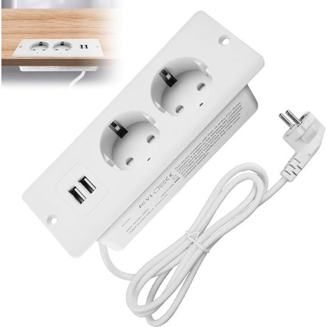 Prise encastrable avec 2 Ports USB, Bloc multiprise encastrable 2 Prises avec câble 1,6 m, Prise intégrée pour Bureau, Meuble ou Plan de Travail (1/5)