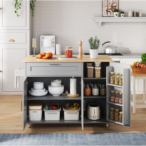 Faltbarer mobiler Küchenschrank 132,5 x 44(70) x 90 cm, MDF grau, mit Rollen HAVRYA (1/5)