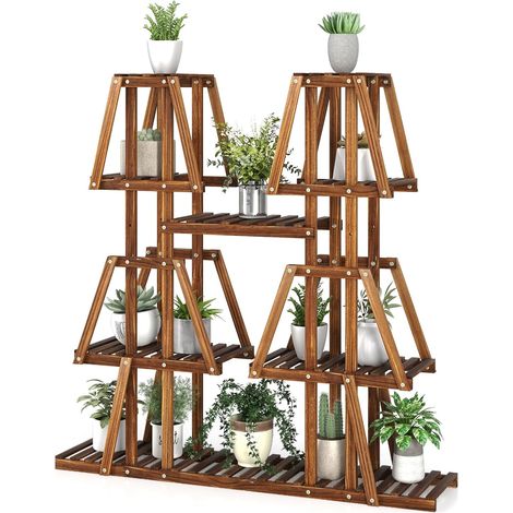 COSTWAY Pflanzenregal Holz, Pflanzentreppe Trapez, Blumenregal Blumenbank Pflanzenständer, Blumentreppe Blumenständer Outdoor, Leiterregal für Wohnzimmer, Balkon, Terrasse, 113x27x114cm, Braun