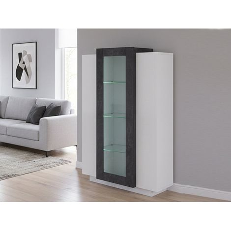 Dmora Vetrina moderna con anta a vetro, Made in Italy, con luce LED bianca, Credenza con ripiani, Vetrinetta da soggiorno, cm 80x38h121, colore Bianco lucido e Grigio Cenere, con imballo rinforzato (1/5)