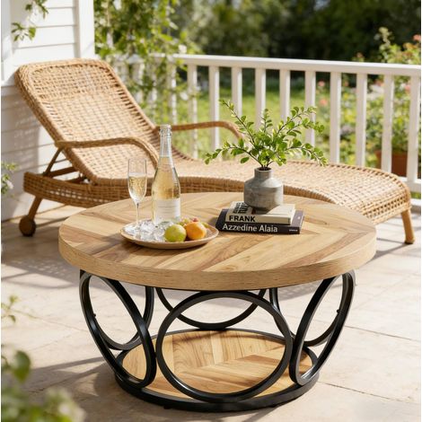 Table basse ronde 31,5" 2 niveaux métal bois noir HAVRYA (1/5)