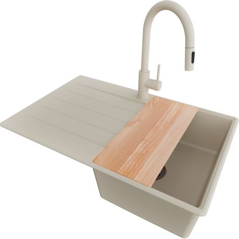 PRIMAGRAN Evier Cuisine en Granit 78x50cm, Lavabo 1 bac + Robinet 40x20cm + Kit de Vidage + Accessoire, Évier à Encastrer au meuble 45cm - Copenhague, Beige (1/5)