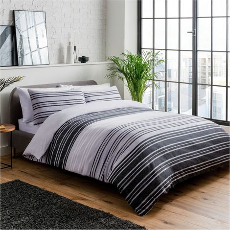 Parure de lit avec Housse de Couette et taie d'oreiller à Rayures texturées Noir/Gris Full (1/5)