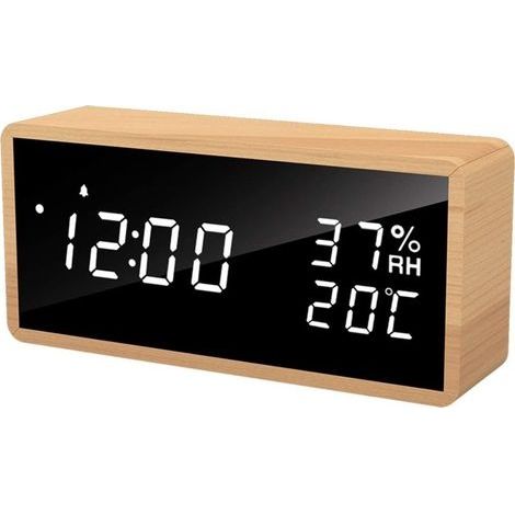 Réveil Numérique Bois, Horloge Numérique avec 3 Réglages d'Alarme, Réveil Électronique Alimenté par USB Réveil Snooze Affichage LED de l'Heure, de la Température et de l'Humidité, Blanc (1/5)