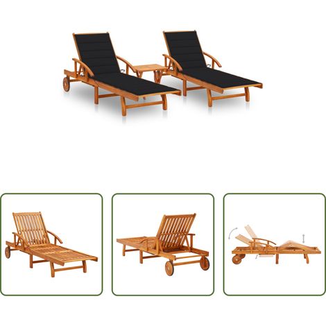 Chaise longue bois - Chaises longues lot de 2 avec table et coussins Acacia solide (1/5)