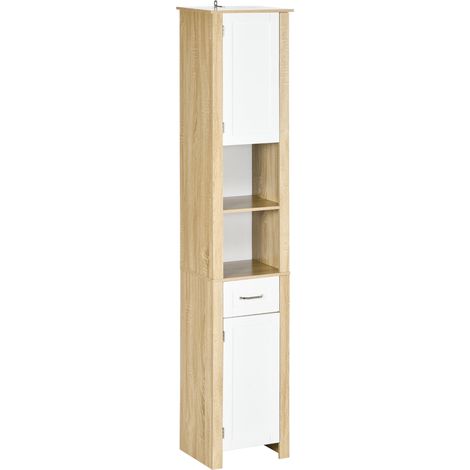 Hoher Badezimmerschrank aus Spanplatte, mit 1 Schublade, 2 Schränken und 2 verstellbaren offenen Regalböden, 37 x 30 x 184 cm