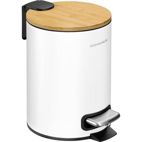 Petite poubelle avec couvercle en bambou, pédales en métal, seau amovible et fermeture amortie, pour salle de bain (1/5)