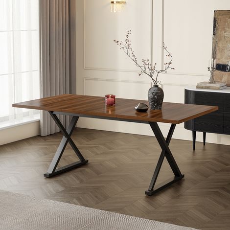Tavolo da pranzo 180x90x75 cm color noce in MDF e metallo con gambe a X, stabile per 6-8 persone (1/5)
