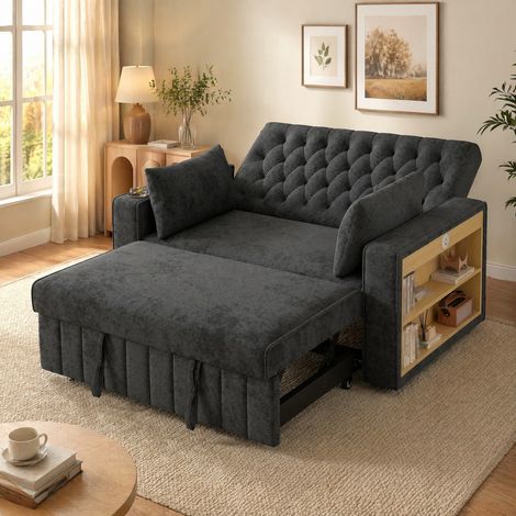 Sofá cama de 2 plazas con respaldo ajustable, USB y portavasos, gris HAVRYA (1/5)
