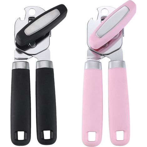 Juego de 2 abrelatas manuales 3 en 1: mango antideslizante，seguro y sin bordes afilados，ahorra tiempo y esfuerzo，color negro y rosa (1/5)