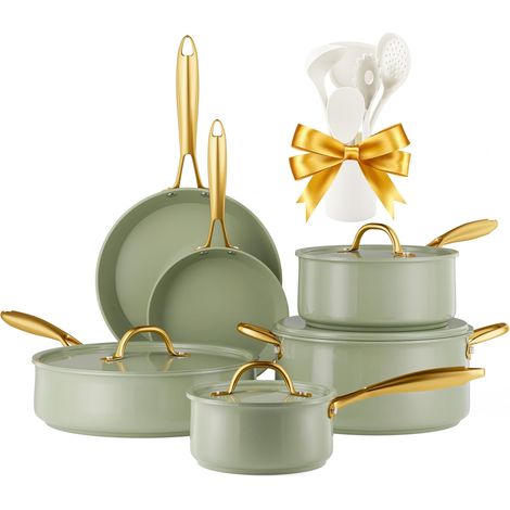Induction Set of Pots and Pans with Lids, Ceramic Non-Stick Cookware, Cooking Essentials Set Frying Pan Saute Pan Sauce Pan Spatulas (1/5)