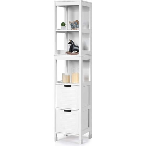 GOPLUS Meuble Colonne de Salle de Bain sur Pied, Meubles de Rangement WC avec 5 Etagères et 2 Tiroirs Réglables, Commode Armoire Colonne Haute Blanche 30 x 30 x 144,5 cm, pour Toilettes, Salle de Bain (1/5)