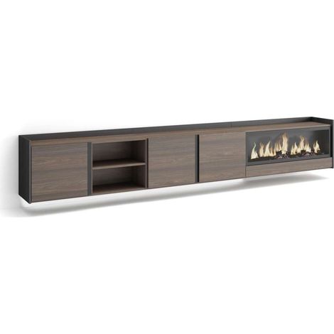 Mueble TV Benamocarra-02 de 315x50x35 cm con chimenea y luces LED, suspendido, color roble oscuro y negro (1/4)