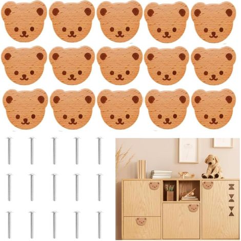 15 Boutons de Meubles, Boutons de Tiroir en Bois, Boutons de Placard en Bois, Boutons de Tiroir Ours pour Enfants, Commode, Tiroirs, Cuisine (1/5)
