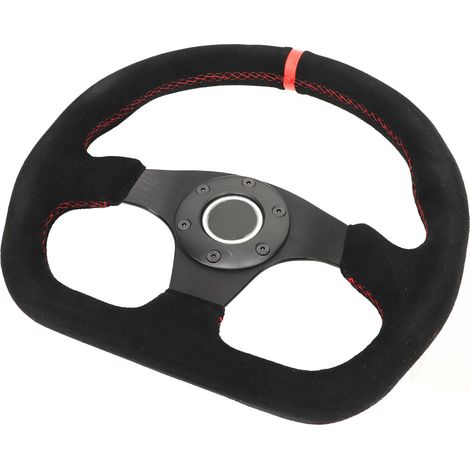Volant en forme de D de 32,5 cm (12,8 pouces) en cuir suédé, style course, avec surpiqûres rouges et bouton de klaxon (1/5)