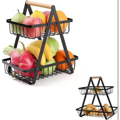Corbeille de fruits pour comptoir cuisine, légumes rangement bois fer organiseur double couche à pain (Le noir) (1/5)