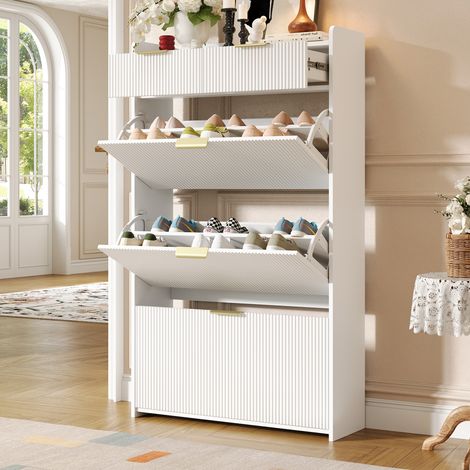 Zapatero moderno y estrecho con 3 compartimentos abatibles y 2 cajones, ideal para la entrada o el pasillo, blanco, 80 × 25 × 135 cm. (1/5)