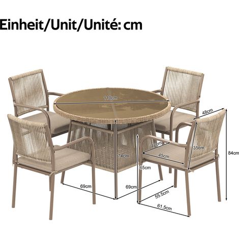 Salon de jardin moderne rotin : table ronde verre + 4 fauteuils, cadre fer, pour terrasse et balcon (1/5)
