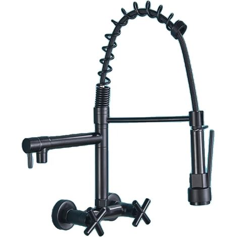 Robinet de cuisine mural noir mat avec douchette pivotante à 360° et extensible, mitigeur monocommande en laiton pour plan de travail