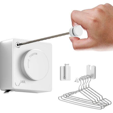 Corde à Linge Rétractable 5.1M Acier Inoxydable Fil a Linge Mural avec Crochet Retractable Ligne à Linge Résistante pour Intérieur, Extérieur, Hôtel, Balcon, Salle de Bain (Blanc) (1/5)