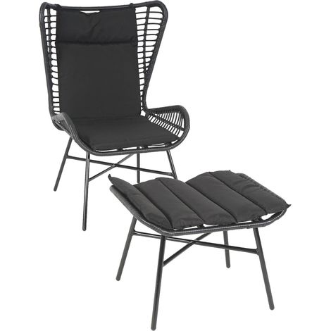 Poly-Rattan Set HHG-316b, Balkon-Set Gartengarnitur Sitzgruppe Stuhl+Hocker Sessel, Seil anthrazit, Kissen anthrazit