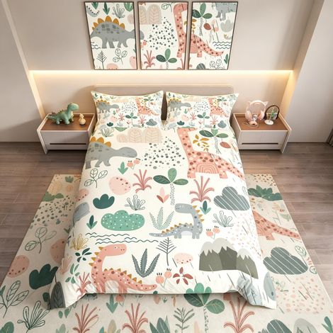 Parure de lit avec housse de couette et 2 taies d'oreiller pour lit double Motif dinosaures - Rose et gris (1/5)