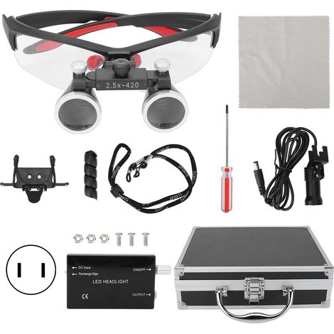 Lunettes loupe binoculaires 2,5X montées sur tête avec éclairage LED, casque multifonction pour dentiste, noir mat, prise US 100-240V (1/5)