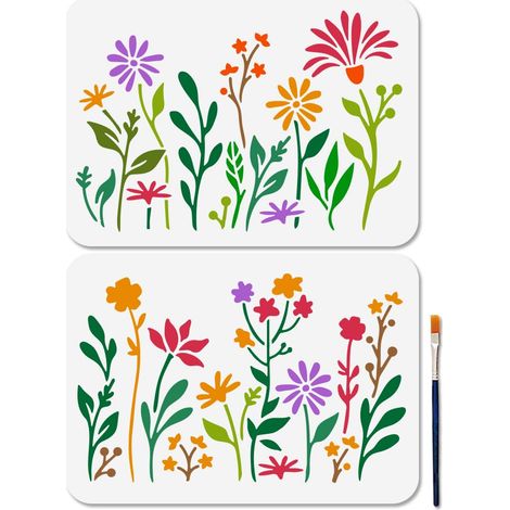 2 Pochoir Fleurs Feuilles Pochoirs pour Peinture Fleurs Sauvages 29.7×21cm Modèles D'Artisanat Jardin de Fleurs avec Pinceau pour Bricolage Artisanat Sur Mur en Bois Décoration D'Intérieur (1/5)