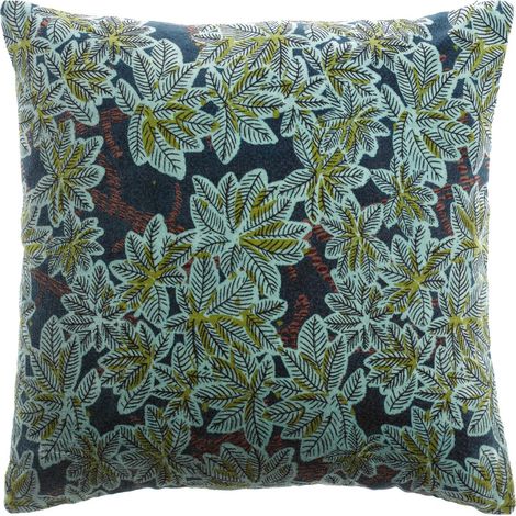 Coussin Décoratif Imprimé Feuillage en Velours de Coton Bleu Pétrole et Noir 45 x 45 cm - PANGIVO