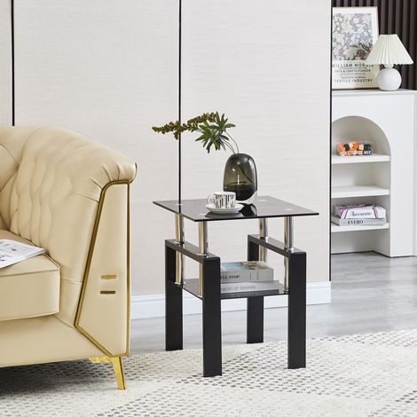 Mesa auxiliar de sofá de 2 piezas con cristal templado negro y mesita de noche negra con patas de metal para sala de estar. (1/5)